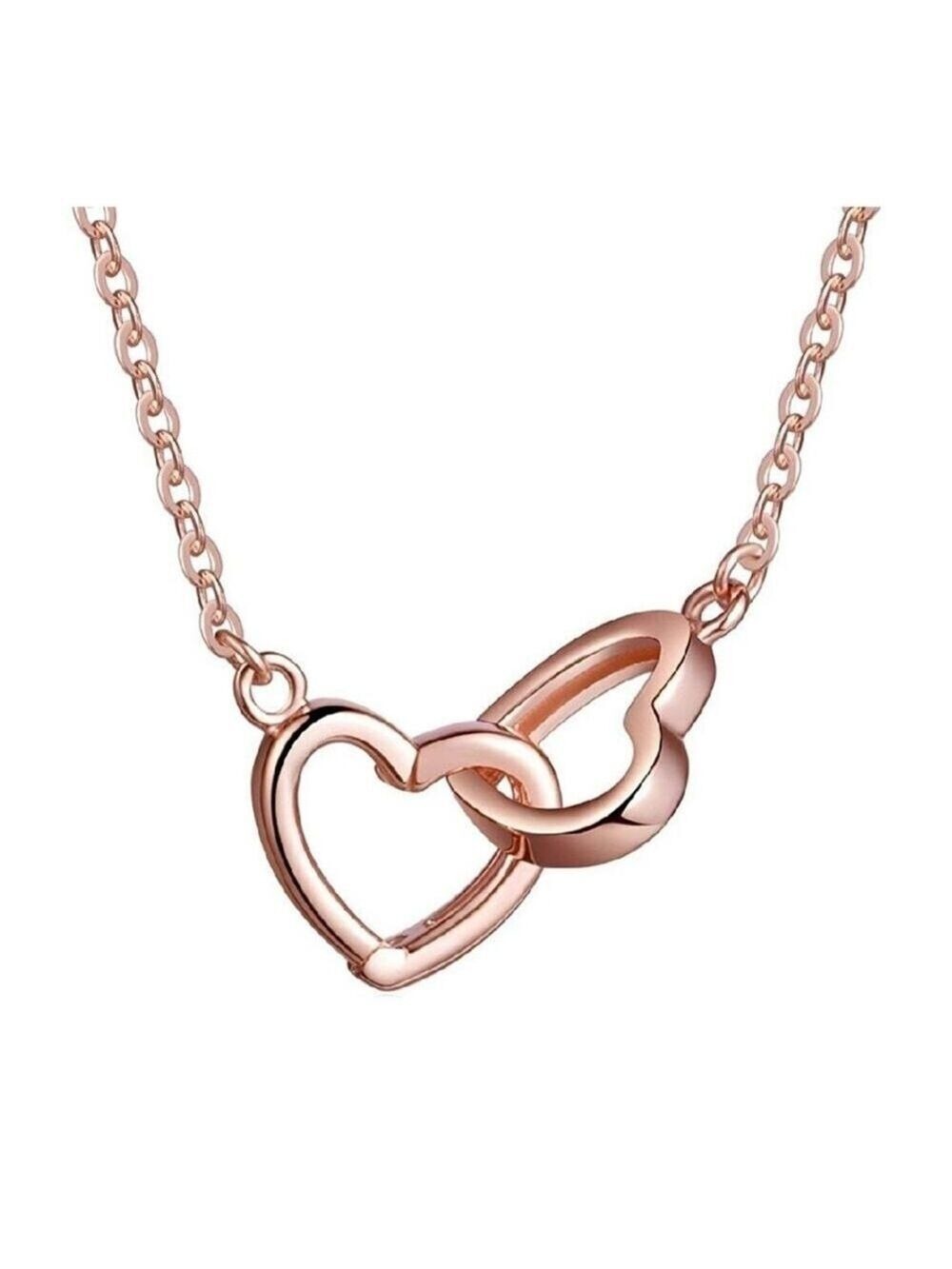 INTERLOCKING HEARTS NECKLACE 18KT ROSE GOLD PLATED 18" DIAMOND CUT CHAIN  2" EXT